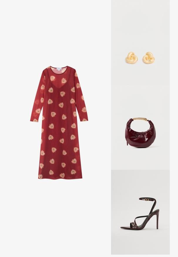 Lang, rød gennemsigtig kjole med scoop-halsudskæring og lange ærmer. Har spredte, broderede rosa og gule hjerte mønstre.; Bordeaux laker læder højhælede sandal med ankelrem, spids tå og tre vandrette remme over foden. Detalje med spænde i guldtonet.; Bordeaux farvet faux læder handbag med en afrundet form, samling detaljer og et guldtonet metalhåndtag. Glat tekstur og blank finish.; Par af skinnende ørestikker i guldfarvet knudeform på en ensfarvet hvid baggrund.