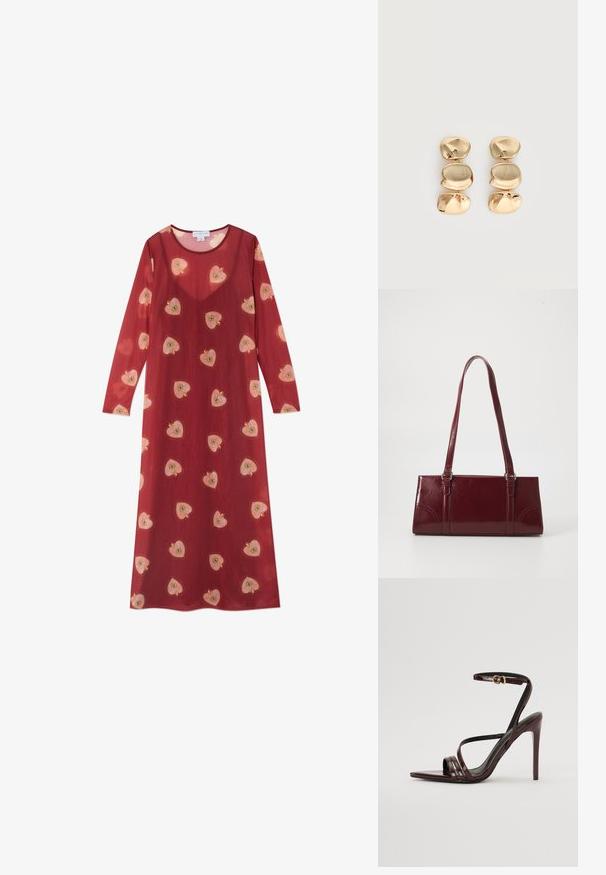 Langes, rotes, durchsichtiges Kleid mit einem runden Ausschnitt und langen Ärmeln. Verziert mit verstreuten, gestickten rosa und gelben Herzmustern.; Bordeaux-farbenes Lackleder-High-Heel-Sandale mit einem Knöchelriemen, spitzem Zehenbereich und drei horizontalen Riemen über dem Fuß. Details mit goldfarbener Schnalle.; Burgunderfarbene Handtasche aus glänzendem Material, rechteckige Form, mit zwei Schulterriemen und subtilen, geschwungenen Akzenten an der Vorderseite.; Ohrhänger in Goldoptik mit drei unregelmäßigen, glatten, abgerundeten Segmenten, die vertikal auf einem schlichten, hellen Hintergrund gestapelt sind.