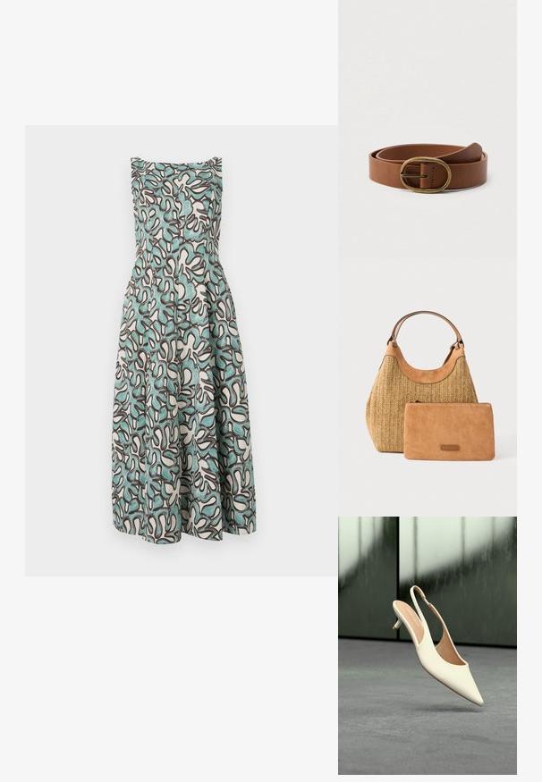 En tætsiddende ærmeløs kjole med en hvid bund og abstrakte teal og mørkebrune mønstre, der vidner ved taljen med en tekstureret finish.; Beige slingbacks til kvinder med spids tå og lav kitten-hæl, der svæver over en grå gulv med en sløret mørk baggrund.; Tanfarvet flettet hobo-taske med en glat ruskindbund og tilhørende lynlås-pung, der har et buet håndtag og tekstureret mønster.; Brunt læderbælte sammenrullet med en oval messing spænde, vist på en ensfarvet hvid baggrund.