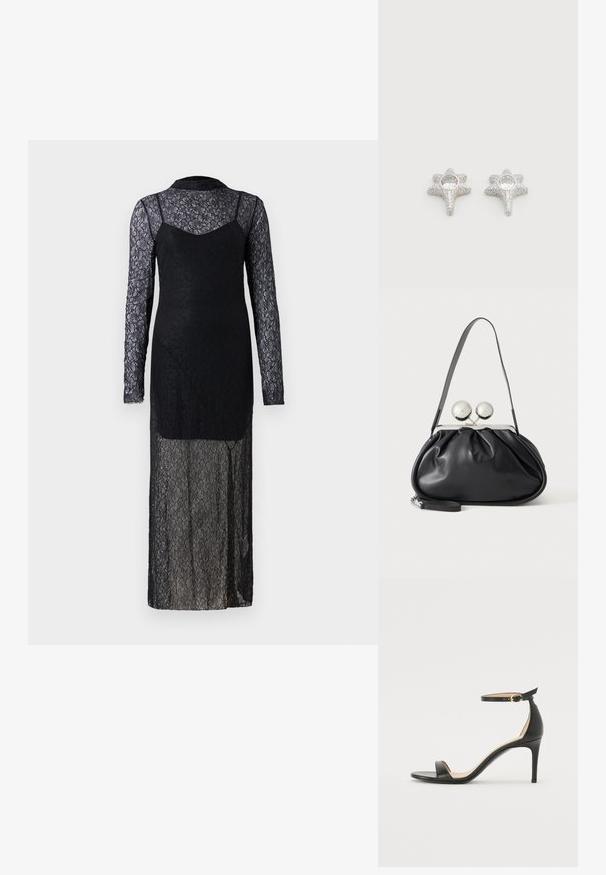 Vestido de encaje negro con mangas larguitas de tul, un cuerpo ajustado y una falda fluida. Presenta patrones florales y un escote alto.; Sándalo de tacón alto de piel negra con tiras en el tobillo. Presenta una textura suave, puntera abierta y un tacón delgado. Detalles de hebilla en tono dorado.; Bolso de mano de cuero negro con diseño fruncido, una sola correa, marco metálico plateado y dos cierres grandes redondos de plata.; Pendientes plateados en forma de estrella con superficie texturizada, que presentan una piedra preciosa redonda y transparente en el centro. El acabado brillante realza el atractivo visual.