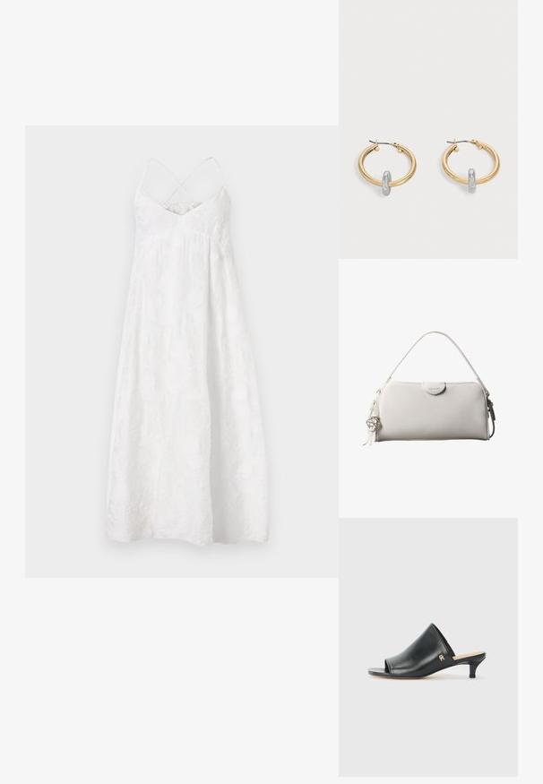 DRYKORN AVISSA - Vestido informal - off white; Mules de cuero negro de punta abierta con un tacón bajo. Presentan una superficie lisa y un acento del logo dorado en el costado.; Bolso rectangular blanco de Calvin Klein con un solo asa, diseño minimalista y borlas decorativas con un charm metálico geométrico en el lateral.; Par de pendientes de aro en tono dorado con pequeño detalle de aro en tono plateado en cada uno, expuestos sobre un fondo gris claro.