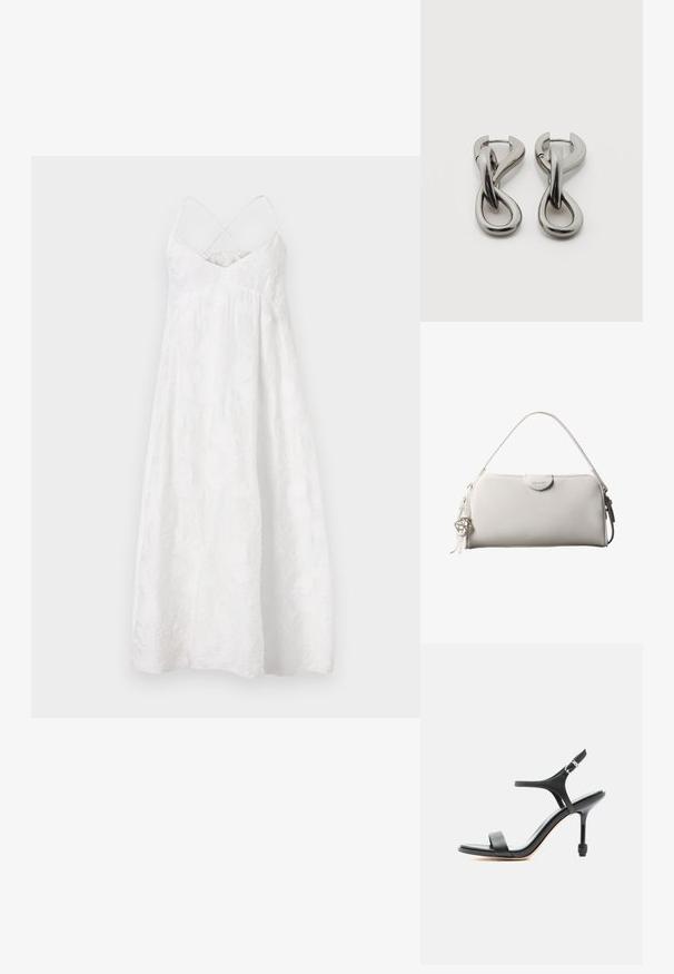 DRYKORN AVISSA - Vestido informal - off white; Sandalia negra de cuero con tacón alto, tiras delgadas, puntera abierta y hebilla ajustable en el tobillo, presentada sobre un fondo blanco liso.; Bolso rectangular blanco de Calvin Klein con un solo asa, diseño minimalista y borlas decorativas con un charm metálico geométrico en el lateral.; Par de pendientes de metal con acabado plateado y diseño abstracto de bucles entrelazados sobre un fondo blanco.