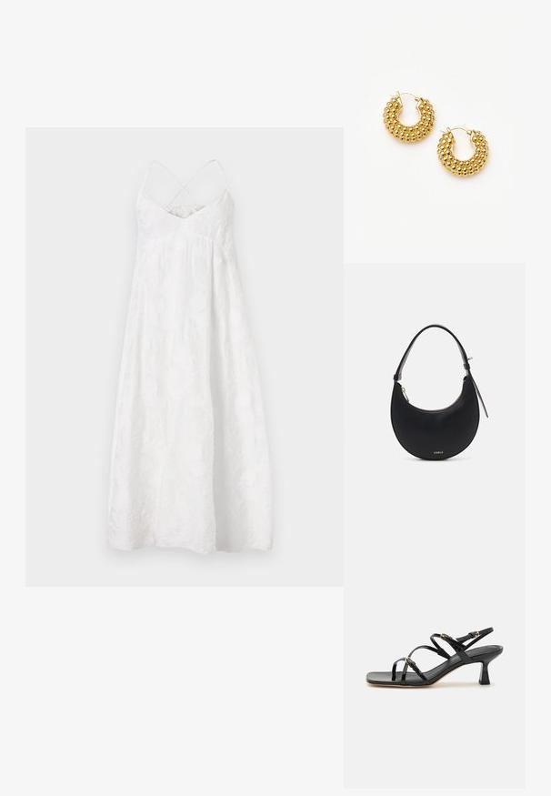 DRYKORN AVISSA - Vestido informal - off white; Sandalias de charol negro con tiras, punta cuadrada y un bajo tacón en bloque. Presenta herrajes en tono dorado y correas en el tobillo ajustables.; Bolso de hombro de cuero negro con forma curva, cierre de cremallera y herrajes en tono dorado. Presenta un logo en la parte frontal y una correa delgada.; Par de pendientes de aro dorados con racimos de cuentas redondas texturizadas y cierre de bisagra sobre un fondo blanco.