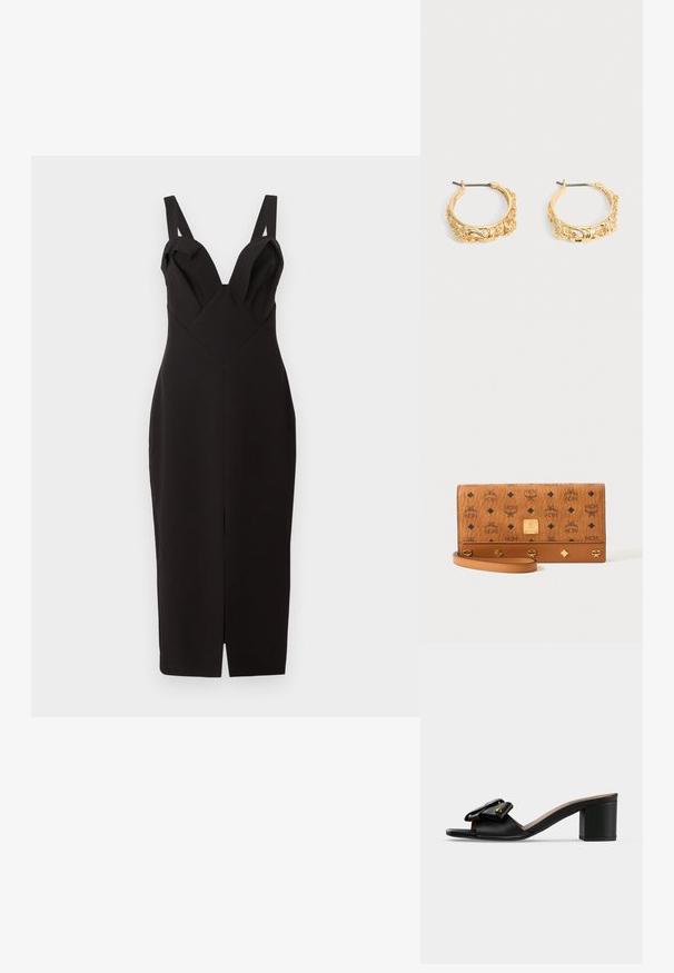 Schwarzes, tailliertes Kleid mit tiefem V-Ausschnitt und breiten Trägern. Es hat ein knielanges Design und einen Schlitz vorne, gefertigt aus einem glatten Stoff.; Schwarze Mule-Sandale mit Absatz, offenem Zehenbereich und dekorativem gefaltetem Leder-Riemen mit kleinen goldenen Nieten.; Braune MCM Armband-Clutch mit wiederholtem Logo-Muster, goldfarbenen Nieten und einer rechteckigen Metall-Logo-Plakette vorne in der Mitte.; Paar goldfarbene Creolen mit verziertem Blumen- und Blattrelief auf neutralem Hintergrund.