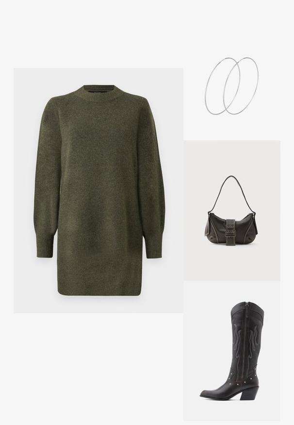 Robe pull en tricot vert olive à manches longues, avec un col rond en côtes, des poignets et un ourlet.; Bottes de cowboy en cuir marron avec surpiqûres en forme de flammes, fermeture éclair latérale, clous argentés, bout pointu et talon superposé.; Sac à épaule en cuir noir avec une sangle à boucle, des bords arrondis et des coutures blanches contrastées sur un fond uni.; Boucles d'oreilles en argent au design minimaliste. Forme circulaire, texture lisse et profil fin. Légères avec une finition polie.