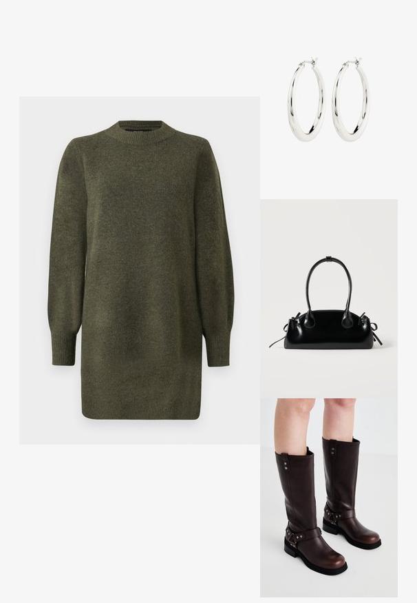 Robe pull en tricot vert olive à manches longues, avec un col rond en côtes, des poignets et un ourlet.; Bottines en cuir marron jusqu'aux genoux avec une texture lisse, dotées d'une large sangle et d'accents en métal triangulaires, semelles en caoutchouc plates.; Petit sac à main noir brillant avec deux longues anses et des détails à cordon sur les côtés sur un fond clair uni.; Boucles d'oreilles créoles en argent avec une finition lisse et brillante. Forme circulaire, dotée d'un fermoir sécurisé. Design simple et élégant.