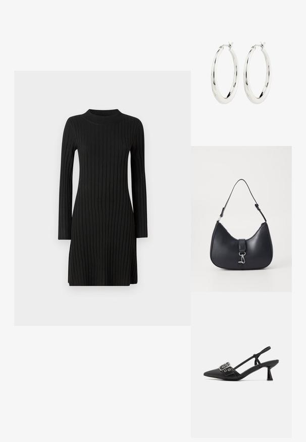 Vestido de punto negro acanalado con mangas largas, escote alto y una forma ligeramente en A, que presenta rayas verticales en toda su superficie.; Simmi London DALA - Tacones - black; Pieces PCLIKA SHOULDER BAG - Bolso de mano - black; Pendientes de aro de plata con un acabado suave y brillante. Forma circular, con un cierre seguro. Diseño sencillo y elegante.