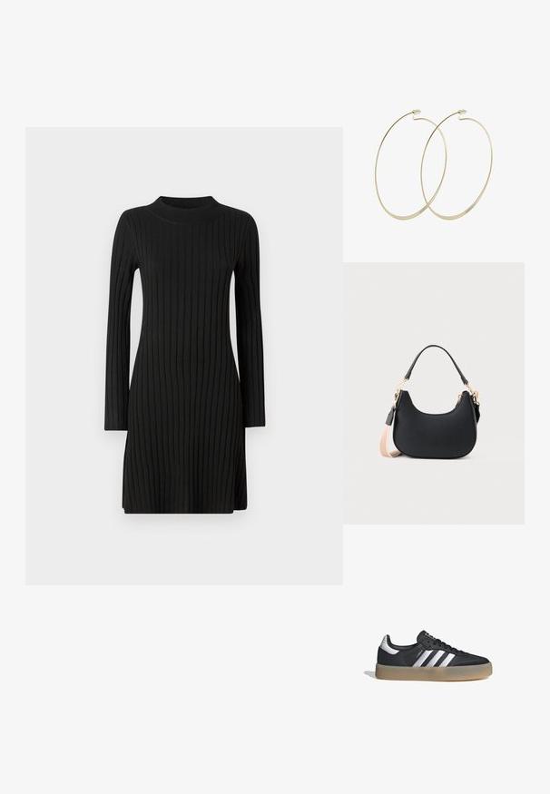 Vestido de punto negro acanalado con mangas largas, escote alto y una forma ligeramente en A, que presenta rayas verticales en toda su superficie.; Zapatilla deportiva de cuero negro con tres rayas plateadas, punta texturizada y suela de goma. Cuenta con un collar acolchado y un diseño con cordones.; Bolso de mano negro en forma de media luna con una correa corta y una correa de hombro beige desmontable, con herrajes en tono dorado y cierre de cremallera.; Pilgrim Pendientes - gold-coloured
