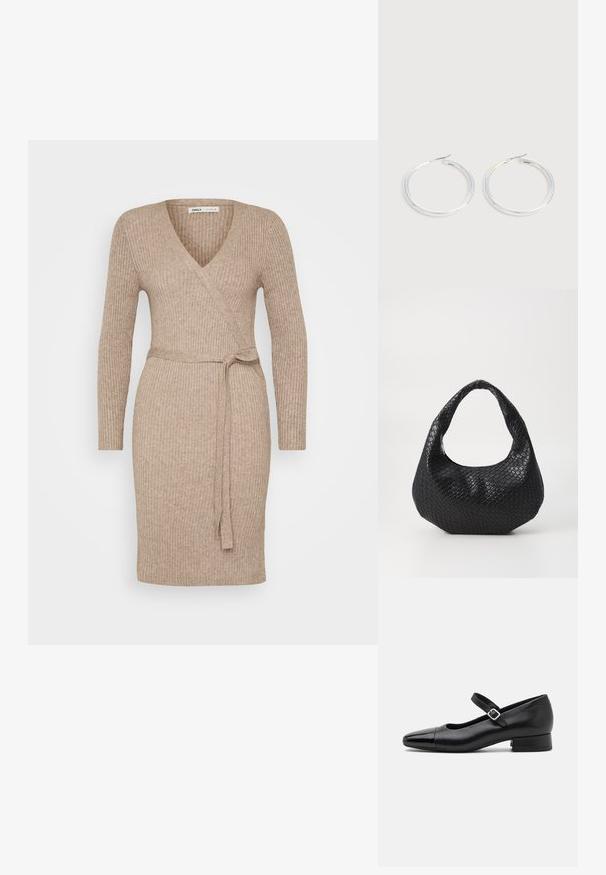 Robe portefeuille en maille côtelée beige avec des manches longues, décolleté en V et taille nouée. Texture lisse, design ajusté, ourlet mi-long.; Chaussures Mary Jane en cuir noir avec un embout en vernis, une sangle cheville réglable et un petit talon carré. Texture lisse et design élégant.; Sac à main tissé noir avec une poignée courbée, présentant une surface texturée et une forme décontractée. Fini lisse avec une silhouette organique.; Paire de boucles d'oreilles créoles argentées brillantes avec fermoirs en fil fin, présentée sur un fond gris clair.