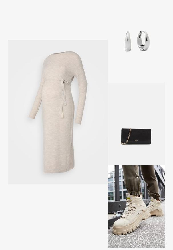 Strikket graviditetskjole i lys beige med lange ærmer, bådudskæring og et bælte i taljen, der har sideskårne slids, der giver bevægelsesfrihed.; Beige high-top sneakers med en chunky, tekstureret sål, snørebåndsdesign og gule accentmærker. Tekstureret læderoverdel med kontrasterende syninger.; Sort clutch taske lavet af ruskind med en struktureret overflade, udstyret med en guld kædestrop og et elegant, kantet design.; Polerede sølvøreringe med en spids design og glat overflade; den ene hoop er åben, mens den anden er lukket.