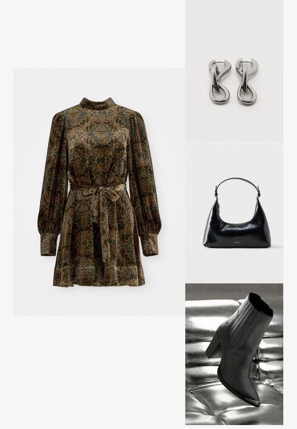 Samtkleid mit langen Puffärmeln, hohem Kragen und einem taillierten Gürtel. Es weist einen grünen Grundton mit kunstvollen goldenen und braunen Blumenmustern auf.; Schwarze Leder-Ankle-Boots mit einem hohen Absatz, die vertikale Nähte und einen glänzenden silbernen Akzent auf der Zehe aufweisen, vor einem metallischen Hintergrund.; Schwarze, glänzende Calvin Klein Handtasche mit goldfarbenem Reißverschluss und kurzem Trageriemen vor schlichtem weißem Hintergrund.; Paar silberfarbene Metallohrringe mit abstraktem ineinandergreifendem Schlaufen-Design auf weißem Hintergrund.