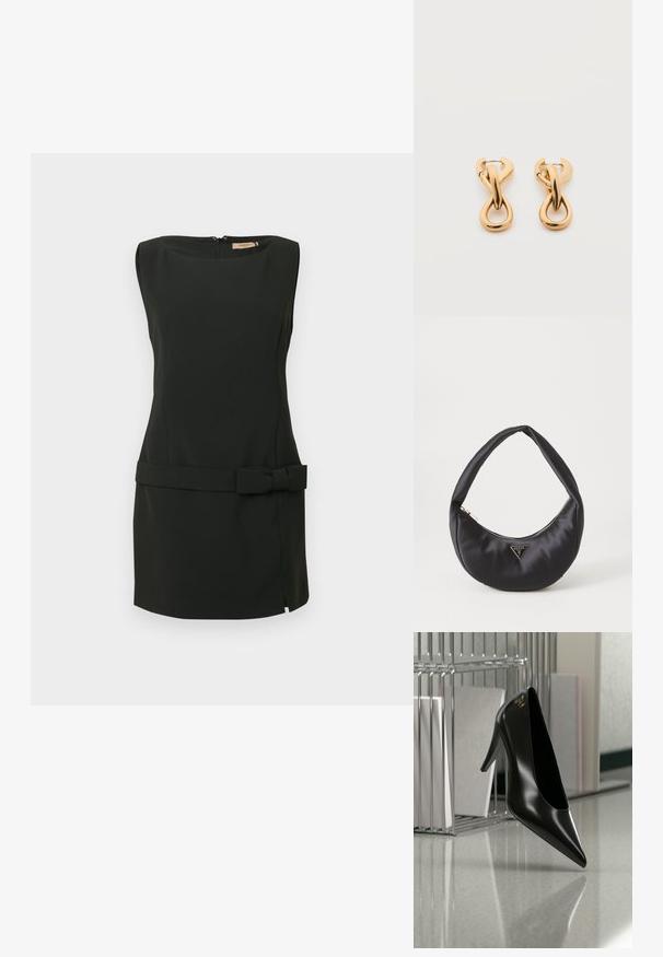Vestido negro sin mangas confeccionado con tela suave, con silueta ajustada, abertura lateral y detalle de lazo en la cintura. Cierre con cremallera en la espalda.; Zapato de tacón alto negro con punta afilada y logo dorado, colocado sobre una superficie reflectante cerca de un organizador de archivos de alambre cromado con documentos.; Bolso de satén negro con forma curva, que cuenta con un cierre de cremallera y un logo triangular en metal en la parte delantera. Textura suave y diseño elegante.; Par de pendientes de aro con acabado dorado brillante sobre fondo blanco liso, con diseño entrelazado y torsionado.