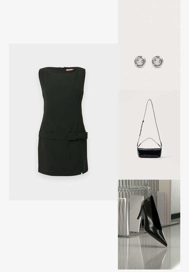 Vestido negro sin mangas confeccionado con tela suave, con silueta ajustada, abertura lateral y detalle de lazo en la cintura. Cierre con cremallera en la espalda.; Zapato de tacón alto negro con punta afilada y logo dorado, colocado sobre una superficie reflectante cerca de un organizador de archivos de alambre cromado con documentos.; Bolso cruzado rectangular de cuero negro con correa de hombro ajustable, cremallera superior y pequeño logo dorado de Calvin Klein en el frente.; Pendientes de stud de metal plateado con cristales claros redondos, que presentan un acabado pulido suave y un diseño circular con bordes elevados sutiles.