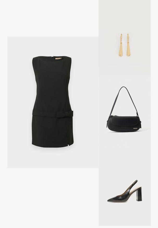 Vestido negro sin mangas confeccionado con tela suave, con silueta ajustada, abertura lateral y detalle de lazo en la cintura. Cierre con cremallera en la espalda.; Zapato slingback de piel negra con puntera puntiaguda, tacón alto y ancho, y forro interior beige sobre un fondo claro y liso.; Bolso de hombro de cuero negro con solapa curva, logo dorado "HUGO" en el frente y una correa ajustable.; Pendientes colgantes en tono dorado con colgantes alargados y suaves en forma de lágrima, colgando de cierres de aros pequeños sobre un fondo blanco.