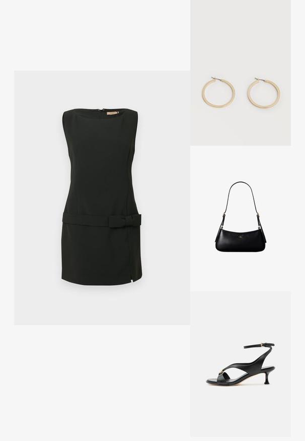 Vestido negro sin mangas confeccionado con tela suave, con silueta ajustada, abertura lateral y detalle de lazo en la cintura. Cierre con cremallera en la espalda.; Sandalia negra de cuero para mujer con tacón bajo curvado, tiras cruzadas y correa ajustable en el tobillo con pequeña hebilla dorada.; Mini bolso negro de cuero para hombro con correa delgada y pequeño logo dorado CK en el centro frontal.; Par de pendientes de aro de tamaño mediano con tono dorado y cierre de bisagra sobre un fondo claro y liso.
