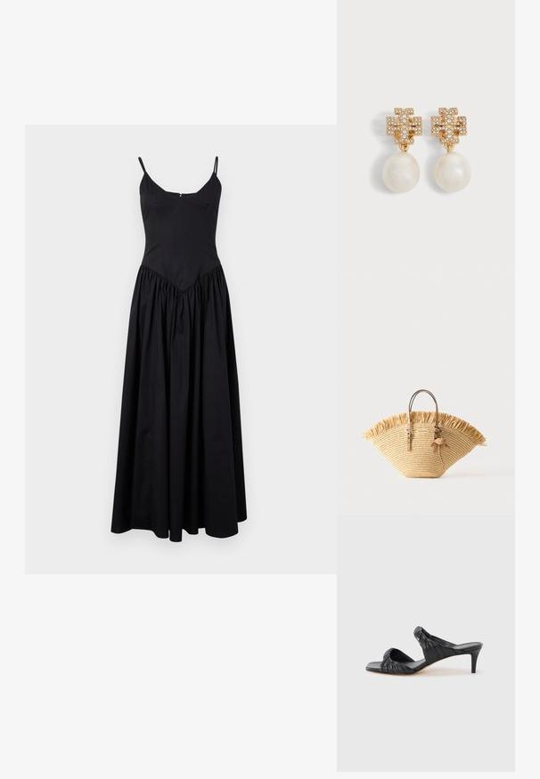 Robe maxi noire avec des bretelles fines, un corsage ajusté et une jupe froncée. Fabriquée en tissu léger avec une texture lisse et un léger éclat.; Sandales à talons noirs avec un bout carré, fabriquées en cuir lisse. Elles présentent des brides froncées et un talon fin pour plus d'élévation.; Sac cabas en paille tressée avec bord supérieur à franges, deux poignées en cuir camel avec détails de boucle, et un accessoire pompon en cuir.; Clous d'oreilles dorés avec un design de croix incrusté de cristaux et de grandes gouttes de perles blanches sur fond blanc.