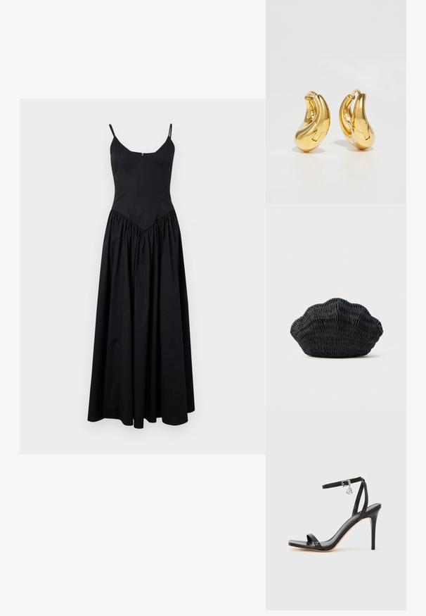 Robe maxi noire avec des bretelles fines, un corsage ajusté et une jupe froncée. Fabriquée en tissu léger avec une texture lisse et un léger éclat.; Sandale à talon haut noire avec une bride étroite à la cheville, bout carré, cuir lisse et accent de boucle métallique.; Sac à main en osier noir en forme de coquille Saint-Jacques avec un dessus courbé et une texture tressée sur un fond uni.; Boucles d'oreilles en or en forme de d'anneaux lisses et courbés avec une finition polie. Équipées d'un mécanisme de fermeture et de légères indentations pour le détail.