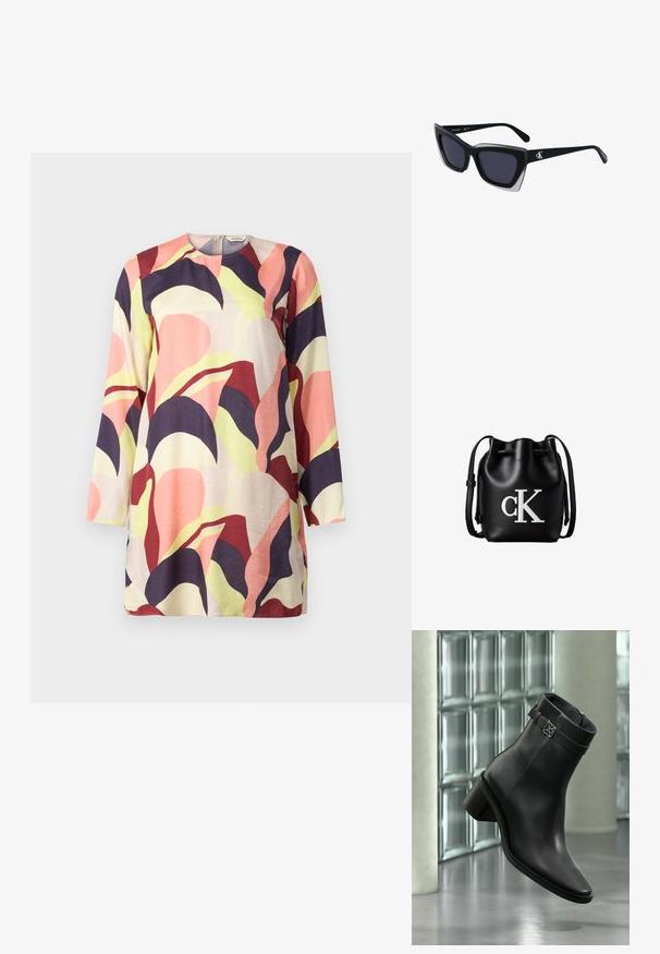 Μια πολύχρωμη, μακρυμάνικη tunic με ένα μείγμα από ροζ, μωβ και πράσινα αφηρημένα σχέδια φύλλων σε ανοιχτό φόντο. Μαλακό ύφασμα.; Μαύρο δερμάτινο μποτάκι με χαμηλό τακούνι μπλοκ και διακοσμητικό λουράκι, παρουσιάζεται σε ένα μοντέρνο, μινιμαλιστικό εσωτερικό χώρο.; Μαύρα υπερμεγέθη γυαλιά ηλίου με γεωμετρικό σχήμα, διαθέτοντας σκούρους φακούς και αντίθεση γκρίζα λεπτομέρεια στη σκελετό. Λογότυπο στον βραχίονα.; Μαύρη δερμάτινη τσάντα τύπου bucket με κορδόνι στο πάνω μέρος και λευκό λογότυπο "cK" στο μπροστινό μέρος, με ρυθμιζόμενο ιμάντα ώμου.