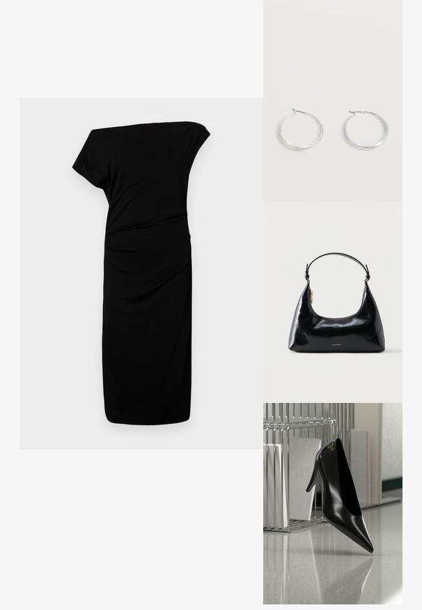 Schwarzes schulterfreies Kleid aus glattem Stoff, das eine taillierte Silhouette mit geraffter Textur entlang der Taille und einem knielangen Schnitt aufweist.; Schwarzer High-Heel-Schuh mit spitzer Zehe und goldem Logo, auf einer reflektierenden Oberfläche nahe einem verchromten Draht-Organizer mit Dokumenten positioniert.; Schwarze, glänzende Calvin Klein Handtasche mit goldfarbenem Reißverschluss und kurzem Trageriemen vor schlichtem weißem Hintergrund.; Silberne Metallcreolen mit glatter, leicht gebogener Oberfläche und Klappverschluss vor schlicht weißem Hintergrund.