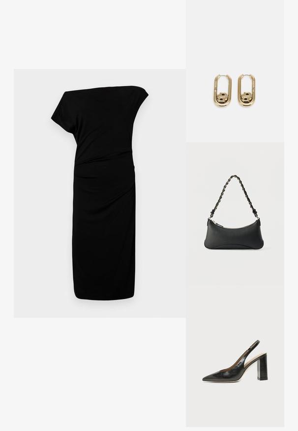 Schwarzes schulterfreies Kleid aus glattem Stoff, das eine taillierte Silhouette mit geraffter Textur entlang der Taille und einem knielangen Schnitt aufweist.; Schwarzer Leder-Slingback-Schuh mit spitzer Kappe, hohem Blockabsatz und beigegefüttertem Innenraum vor hellem, einfarbigem Hintergrund.; Schwarze Lederschultertasche mit gewölbter rechteckiger Form, goldener Kette, die in den geflochtenen schwarzen Riemen eingewebt ist, und Reißverschlussverschluss oben.; BOSS DOUBLE B SWING - Ohrringe - gold-coloured