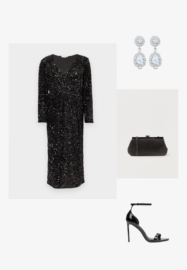 Robe noire à sequins avec manches longues, encolure en V profonde et longueur jusqu'aux chevilles. La texture scintillante renforce l'intérêt visuel.; ESTRO Sandales - black; Pochette noire en mesh avec une silhouette structurée, ornée de petits clous métalliques, dotée d'une fermeture à clip et d'une bandoulière en chaîne détachable.; Boucles d'oreilles ton argent avec un clou rond en sertissage pavé, et une goutte en forme de poire entourée de petites pierres, soulignant un effet scintillant.