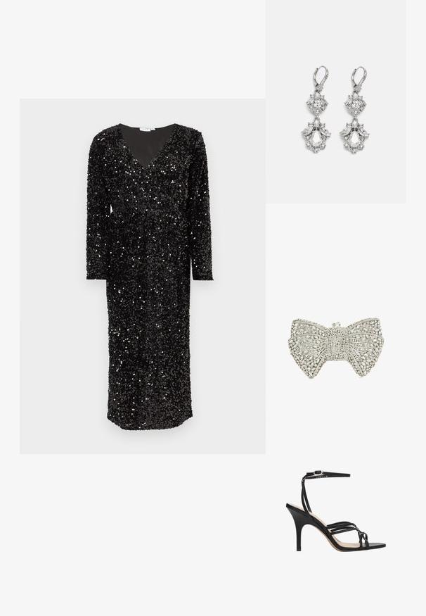 Robe noire à sequins avec manches longues, encolure en V profonde et longueur jusqu'aux chevilles. La texture scintillante renforce l'intérêt visuel.; Sandale à talon haut noire à lanières avec un design élégant, dotée d'une fine sangle à la cheville, d'un bout ouvert et d'une finition lisse sur un talon effilé.; Pochette en forme de nœud en ton argent, ornée de strass transparents et d'un fermoir en cristal sur le dessus.; Boucles d'oreilles en métal argenté ornées de plusieurs pierres précieuses en cristal transparent en forme de goutte et de marquise, avec des fermoirs à levier et des détails complexes.