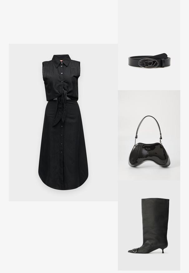 Robe noire sans manches à boutons, avec col, lien devant à la taille et ourlet mi-long.; Bottines en cuir noir à bout pointu, petite talon et détail métallique sur le bout. Texture lisse et mate partout.; Sac à main en cuir verni noir avec une forme incurvée unique, une anse courte et ajustable, et une fermeture zippée. Texture lisse avec un branding discret.; Ceinture en cuir noir avec une large sangle, une boucle ovale en argent au design géométrique, et une texture lisse sur toute sa surface.