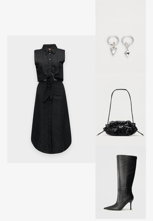 Robe noire sans manches à boutons, avec col, lien devant à la taille et ourlet mi-long.; Botte noire en cuir, hauteur genou, avec bout pointu et talon aiguille fin, texture lisse, profil latéral sur fond neutre.; Sac à main en cuir noir avec un design froncé et un détail en forme de nœud sur le devant. Dispose d'une poignée courte et d'accents de quincaillerie argentée.; Boucles d'oreilles en argent en forme de créoles, ornées d'un cœur et d'un pendentif en forme de diamant. Texture lisse avec une finition polie.
