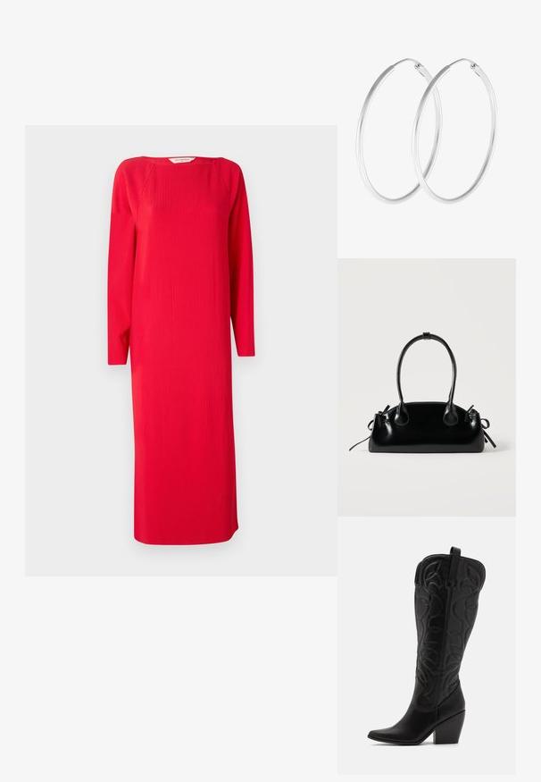 Rotes geripptes Strickkleid mit langen Ärmeln, rundem Ausschnitt und gerader Form. Der Stoff hat eine strukturierte Optik und reicht bis zur Mitte der Waden.; Schwarze kniehohe Stiefel aus Leder mit spitz zulaufender Zehenpartie und gestapeltem Absatz. Verfügt über dekorative Nähte und geschwungene Designelemente.; Kleine schwarze glänzende Handtasche mit zwei langen Griffen und seitlichen Kordelzug-Details vor einfachem hellem Hintergrund.; Silberfarbene Creolen mit einer glatten, runden Form und einer polierten Oberfläche. Beide Ohrringe haben die gleiche Größe und verfügen über einen sicheren Verschlussmechanismus.