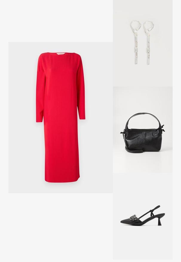 Rød ribstrik kjole med lange ærmer, rund halsudskæring og lige form. Stoffet har et struktureret udseende og går til midt på læggen.; Simmi London DALA - Pumps - black; Sort læderhåndtaske med et struktureret design, rund tophåndtag og aftagelig skulderrem. Den har en glat tekstur og en subtil glans.; Sølv hængende øreringe med rektangulære og runde klare krystaller i en lodret linje, fastgjort med låsebeslag.