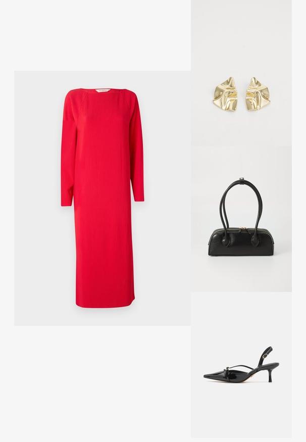 Vestido de punto acanalado rojo con mangas largas, cuello redondo y forma recta. La tela tiene una apariencia texturizada y una longitud a mitad de pantorrilla.; ALDO MARIETTA PILLOW WALK - Tacones - black; Bolso de mano de cuero negro con dos asas alargadas, cierre de cremallera y forma redondeada; textura suave con un acabado ligeramente brillante.; Pendientes metálicos dorados con un diseño ondulado; superficie lisa y reflectante; forma asimétrica; sin patrones o elementos visibles.