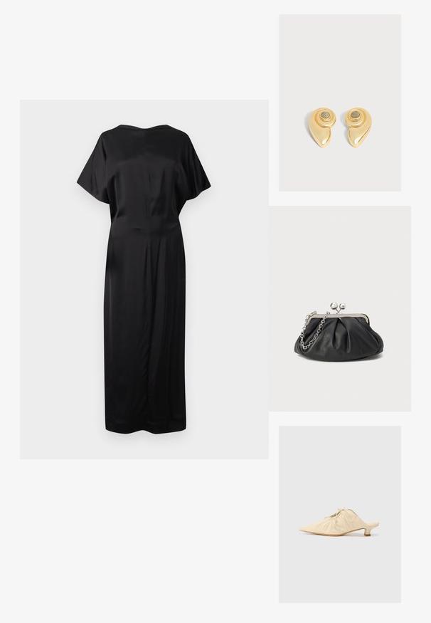 Robe midi en satin noir avec manches courtes, encolure bateau et taille légèrement ajustée, présentée sur fond blanc.; Chaussure en cuir couleur crème à enfiler avec un bout pointu, des détails froncés à l'avant et un petit talon carré.; Porte-monnaie en cuir noir avec texture froncée, cadre en métal argenté, fermeture à verrouillage kiss-lock et bandoulière en chaîne. Surface lisse et douce.; Paire de boucles d'oreilles dorées brillantes avec un motif en spirale et une petite pierre ronde centrée sur un fond uni.