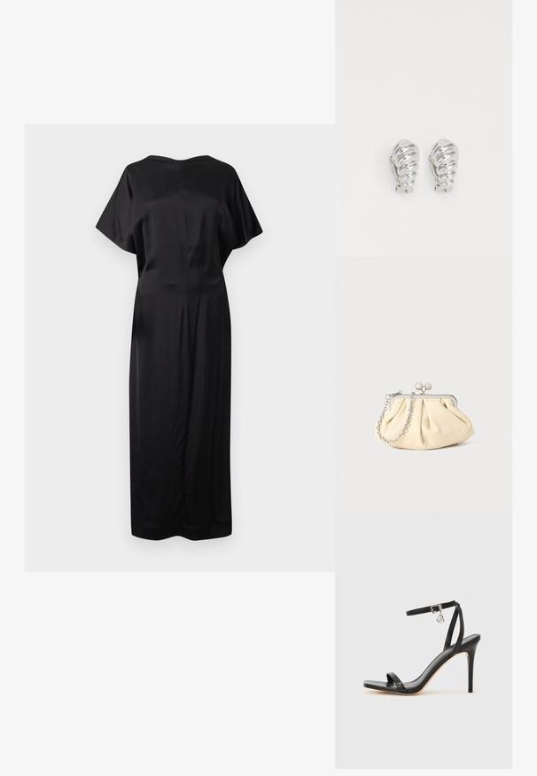 Robe midi en satin noir avec manches courtes, encolure bateau et taille légèrement ajustée, présentée sur fond blanc.; Sandale à talon haut noire avec une bride étroite à la cheville, bout carré, cuir lisse et accent de boucle métallique.; Pochette en cuir beige plissé avec un cadre en métal argenté, dotée de deux fermoirs ronds décoratifs et d'une chaîne en argent.; Boucles d'oreilles en clip argentées avec un design en spirale, présentant une texture métallique lisse et des formes arrondies. Pas d'embellissements ou de motifs visibles.