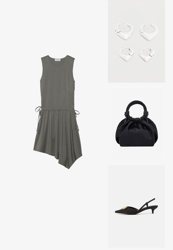 Mouwloze jurk van olijfgroene stof, met een zijstrikdetail, geplooide rok en asymmetrische zoom. Gladde textuur, casual ontwerp.; Zwarte slingback-hakken met een spitse neus, satijnmateriaal, gouden bloemversiering en een lage kittenhak voor extra comfort.; Zwarte zachte stoffen handtas met geplooide bovenkant en afgeronde handvatten die aan de basis geknoopt zijn, tegen een effen lichte achtergrond.; Twee paar glanzende zilveren oorbellen in de vorm van ringen met een kenmerkend puntig, V-vormig ontwerp, weergegeven op een witte achtergrond.