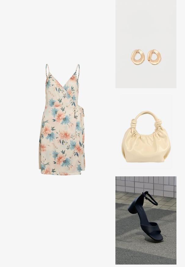 Blomsteromviklet kjole i creme med blå og pink blomster, justerbare stropper og sidebinding. Blødt stof med et flydende, let design.; Sort læder sandal med åben tå, ankelrem og lav blokhæl, svævende over asfalt nær flisebelagt væg.; Kremfarvet blød læderhåndtaske med opsamlet top og sammenknyttede dobbelthåndtag på hvid baggrund.; Par af uregelmæssigt formede, polerede øreringe i guldfarvet metal med åben midte på en ens hvid baggrund.