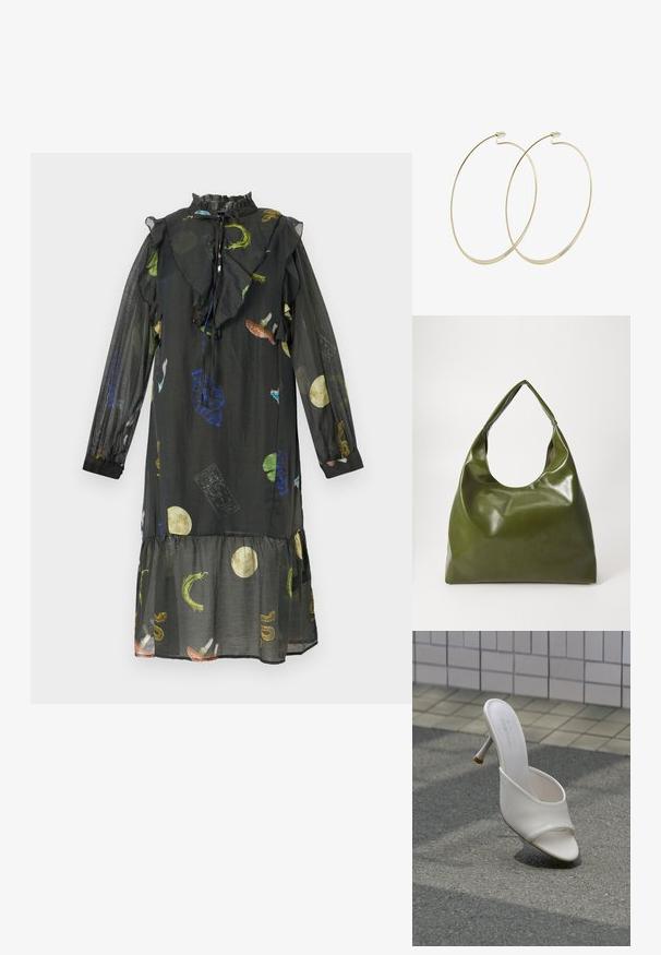 Vestido negro con escote con volantes, mangas largas y transparentes, y dobladillo en capas. Presenta patrones coloridos de lunas, plantas y formas abstractas.; Zapato mule blanco de tacón alto con punta abierta flotando sobre un fondo de asfalto gris y pared de azulejos.; Bolsa hobo verde de cuero con un diseño suave, asa curvada y textura lisa. No contiene hardware visible ni acentos.; Pilgrim Pendientes - gold-coloured