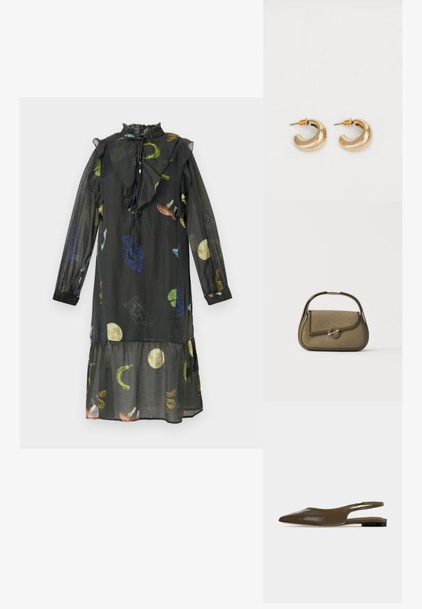 Vestido negro con escote con volantes, mangas largas y transparentes, y dobladillo en capas. Presenta patrones coloridos de lunas, plantas y formas abstractas.; Zapato plano de tacón bajo y tira trasera en punta de color verde oliva con acabado liso y brillante.; Bolso pequeño de color verde oliva con bordes redondeados, un asa superior y un cierre con solapa asegurado por un broche metálico circular.; Dos pendientes de aro dorados brillantes en un diseño curvado, con acentos naranjas cerca del poste, sobre un fondo blanco liso.
