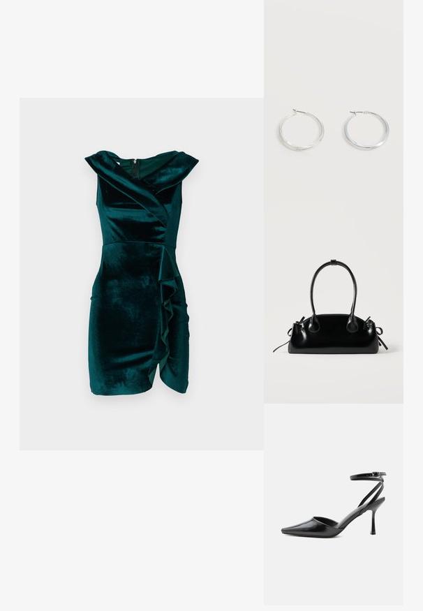 Robe en velours bleu canard avec un design enroulé, sans manches, présentant un détail de volants asymétriques à l'avant et une fermeture éclair dissimulée dans le dos.; Escarpin noir à bout pointu avec fines brides de cheville et fermeture à boucle argentée sur fond clair uni.; Petit sac à main noir brillant avec deux longues anses et des détails à cordon sur les côtés sur un fond clair uni.; Boucles d’oreilles créoles en métal argenté avec une surface lisse légèrement incurvée et des fermoirs à clapet sur un fond blanc uni.