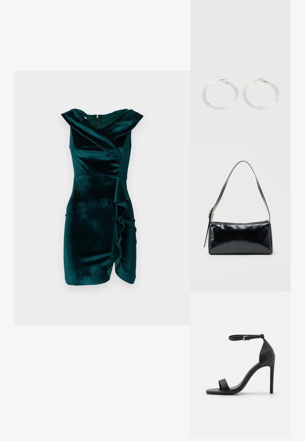Robe en velours bleu canard avec un design enroulé, sans manches, présentant un détail de volants asymétriques à l'avant et une fermeture éclair dissimulée dans le dos.; Sandale noire à talons hauts au design épuré, avec une bride au niveau de la cheville, un bout ouvert et une texture en cuir lisse.; Sac d'épaule rectangulaire noir avec une sangle réglable unique et une fermeture éclair supérieure sur un fond uni.; Paire de boucles d'oreilles créoles argentées brillantes avec fermoirs en fil fin, présentée sur un fond gris clair.