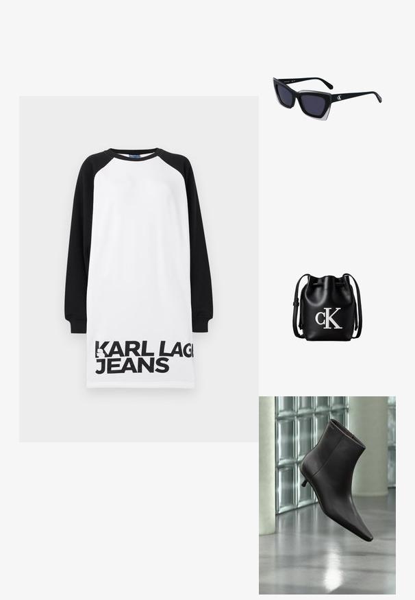 Biele a čierne naddimenzionované šaty s raglánovými rukávmi, na spodnej strane so silným čiernym textom "KARL LAGERFELD JEANS". Hladký bavlnený materiál.; Čierna kožená členková obuv s ostrou špičkou a nízkym podpätkom, zobrazená na pozadí steny zo sklenených blokov a leštenej podlahy.; Čierne oversized slnečné okuliare s geometrickým tvarom, s tmavými šošovkami a kontrastným šedým detailom na ráme. Logo na mostíku.; Čierna kožená bucket taška so sťahovacou šnúrkou na vrchu a bielym logom "cK" na prednej strane, vybavená nastaviteľným ramenným popruhom.