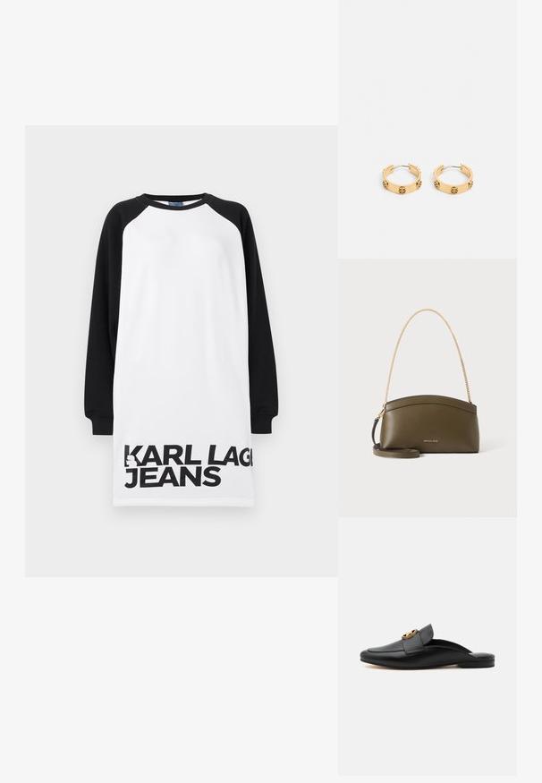 Valkoinen ja musta ylisuuri mekko raglan-hihoilla, jossa on rohkea musta teksti "KARL LAGERFELD JEANS" alareunassa. Smithä puuvillamateriaalia.; Musta nahkainen slip-on loafers, jossa matala korko ja yläosassa kultainen pyöreä solkikiinnitys, sivuprofiilikuva valkoisella taustalla.; Oliivinvihreä Michael Kors -käsilaukku, jossa kultainen ketjuolkahihna, kaareva yläosa ja pieni kultainen logo edessä, esitetty valkoista taustaa vasten.; Kultaiset rengaskorvakorut, joissa on sileä pinta ja koristeelliset pyöreät yksityiskohdat. Suunnittelussa on yksinkertainen, pyöreä muoto ja avointa sarana-aukkoa.