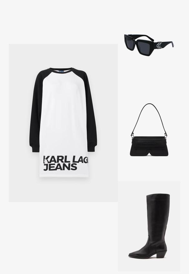 Biele a čierne naddimenzionované šaty s raglánovými rukávmi, na spodnej strane so silným čiernym textom "KARL LAGERFELD JEANS". Hladký bavlnený materiál.; Čierna kožená čižma po stred lýtka s špicatou špičkou a nízkym sklopeným podpätkom na jednoduchom svetlom pozadí.; Čierne slnečné okuliare s hranatým rámom, tmavé šošovky, matný povrch a strieborný detail loga CK na bočnej strane.; Čierna ramenná taška v tvare lichobežníka s klopou, na prednej strane s vyrazeným logom a jedným tenkým pásikom pripevneným striebornými krúžkami.