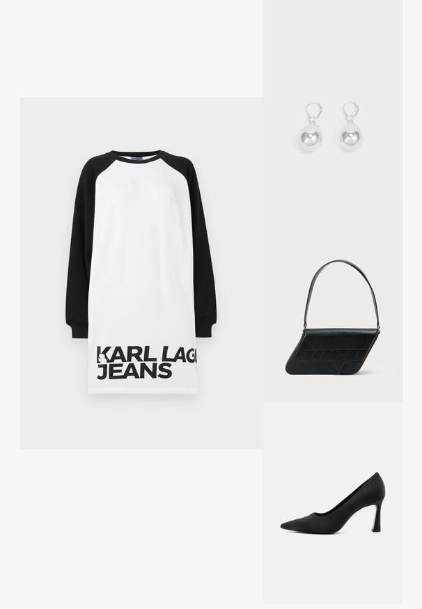 Biele a čierne naddimenzionované šaty s raglánovými rukávmi, na spodnej strane so silným čiernym textom "KARL LAGERFELD JEANS". Hladký bavlnený materiál.; Čierne lodičky s ostrou špičkou, hladkým povrchom a úzkym zakriveným podpätkom na jednoduchom svetlom pozadí.; Čierna kožená taška cez rameno v trojuholníkovom tvare, s vyrazeným logom a jedným nastaviteľným pásikom. Minimalistický dizajn s hladkou textúrou.; Strieborné náušnice v tvare kvapiek so hladkým, guľatým, reflexným povrchom visiace na klipsových uzáveroch. Pozadie je čisté biele.