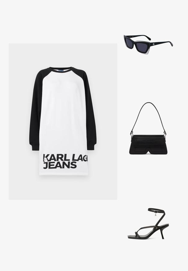 Biele a čierne naddimenzionované šaty s raglánovými rukávmi, na spodnej strane so silným čiernym textom "KARL LAGERFELD JEANS". Hladký bavlnený materiál.; Čierne sandále na tenkých popruhoch s úzkym členkovým popruhom, špicatou špičkou a malým podpätkom. Obsahujú strieborný prívesok na členkovom popruhu.; Čierne oversized slnečné okuliare s geometrickým tvarom, s tmavými šošovkami a kontrastným šedým detailom na ráme. Logo na mostíku.; Čierna ramenná taška v tvare lichobežníka s klopou, na prednej strane s vyrazeným logom a jedným tenkým pásikom pripevneným striebornými krúžkami.