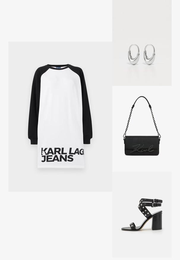 Valkoinen ja musta ylisuuri mekko raglan-hihoilla, jossa on rohkea musta teksti "KARL LAGERFELD JEANS" alareunassa. Smithä puuvillamateriaalia.; Mustat korot sandaalit, joissa on teksturoitu lohko-korko, kaksinkertaiset solkivetoketjut nilkoissa ja hopeiset pyöreät niitit ristikkäisissä hihnoissa.; Musta nahkainen olkalaukku ketjuhihnalla ja läppälukolla, jossa koholla oleva kursiivinen "Karl"-logo edessä.; Hopea renkaat, joissa on kaareva, pisaramainen muoto ja kiiltävä pinta. Sisältää turvallisen kiinnityksen ja sileän tekstuurin.