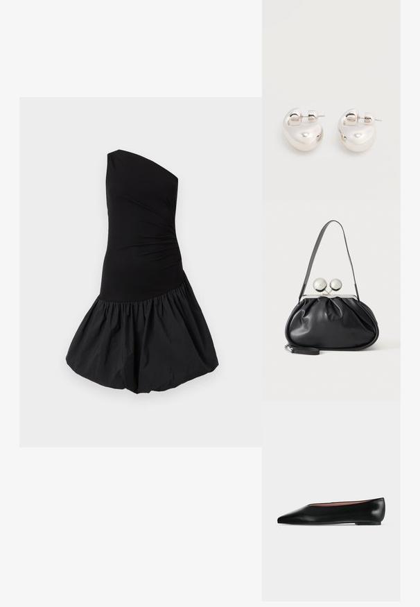 Vestido negro de un solo hombro con un cuerpo ajustado y una falda volumétrica con fruncidos. Hecho de una tela suave y ligera con un acabado mate.; Zapato plano negro de cuero para mujer con punta puntiaguda y tacón bajo, mostrado de lado sobre un fondo liso gris claro.; Bolso de mano de cuero negro con diseño fruncido, una sola correa, marco metálico plateado y dos cierres grandes redondos de plata.; Par de pendientes llamativos de aro grueso plateado brillante con cierre de poste sobre un fondo blanco liso.