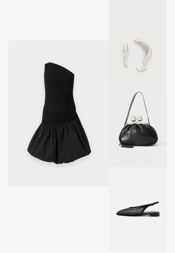 One-shoulder black dress featuring a fitted bodice and a voluminous, gathered skirt. Made from smooth, lightweight fabric with a matte finish.; Black slingback flat shoe with pointed toe, mesh upper, adjustable buckle strap, and low stacked heel on white background.; Black leather handbag with a gathered design, single strap, silver metal frame, and two large round silver clasp closures.; Two curved silver earrings, one larger than the other, both adorned with small sparkling crystals along one edge.