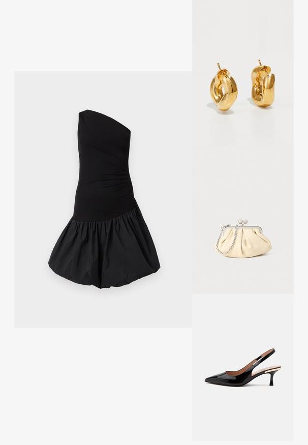 Schwarzes, einseitiges Kleid mit einem taillierten Oberteil und einem voluminösen, gerafften Rock. Hergestellt aus glattem, leichtem Stoff mit matter Oberfläche.; Schwarzer Lackleder Slingback-Pumps mit spitz zulaufender Kappe und niedrigem Katzenabsatz auf weißem Hintergrund.; Faltige beigefarbene Ledertasche mit einem silbernen Metallrahmen, ausgestattet mit zwei runden dekorativen Verschlüssen und einem silbernen Kettenriemen.; Fette goldene Creolen mit einem leicht verdrehten, röhrenförmigen Design und Steckverschlüssen auf einem weißen Hintergrund.