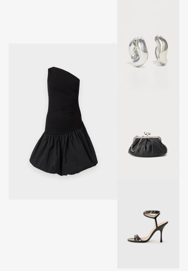 Vestido negro de un solo hombro con un cuerpo ajustado y una falda volumétrica con fruncidos. Hecho de una tela suave y ligera con un acabado mate.; Sandalia de tacón alto de charol negro con tira delgada en el tobillo y hebilla, punta abierta y tacón aguja esbelto sobre fondo blanco.; Clutch de cuero negro con textura arrugada, marco de metal en tono plateado, cierre de beso y cadena para colgar. Superficie suave y lisa.; Pendientes escultóricos de plata con formas suaves y curvas y superficies reflectantes. Presentan un diseño de aro cerrado y una forma orgánica distintiva.