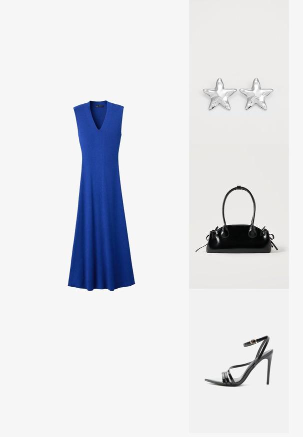 Robe tricotée bleu roi sans manches avec col en V et jupe midi évasée, présentée sur fond blanc.; Sandale noire à talon haut avec de fines brides sur les orteils et la cheville, avec une boucle dorée sur un talon aiguille élancé.; Petit sac à main noir brillant avec deux longues anses et des détails à cordon sur les côtés sur un fond clair uni.; Boucles d'oreilles argentées en forme d'étoile, avec une surface lisse et brillante. Chaque boucle d'oreille possède cinq pointes et des détails subtils de texture de surface.